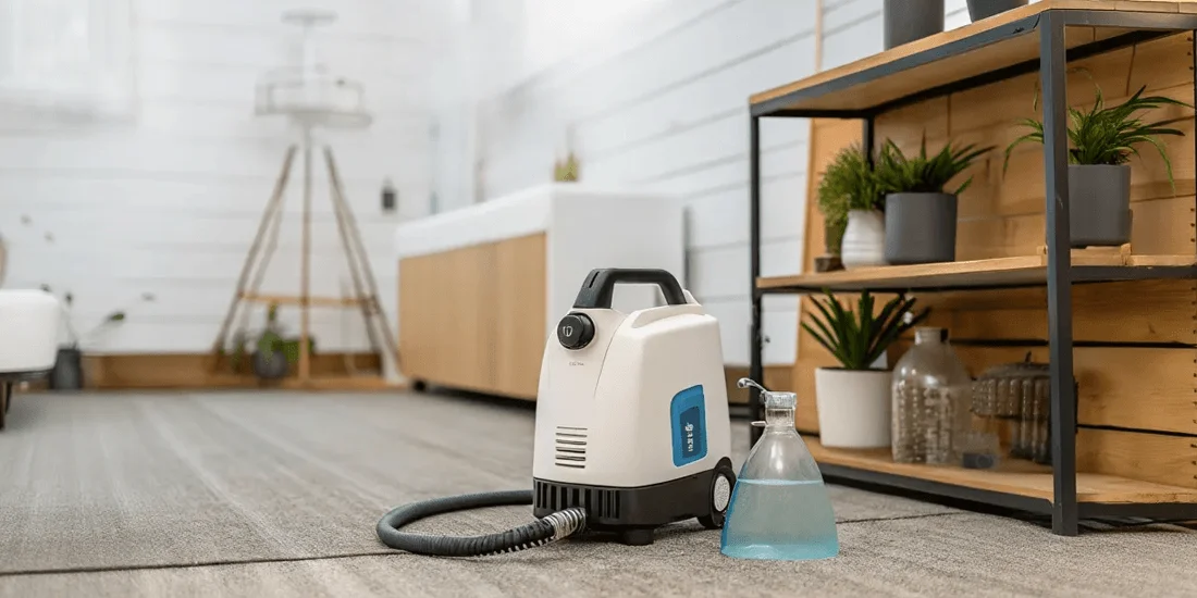 Premium spot cleaner with extra-large tank placed in spacious living room, ready for professional-grade carpet cleaning