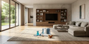 Rivenara portable carpet cleaner machine sitting on the floor in a living room, surrounded by cleaning solution bottles and a spray bottle, ready for use.