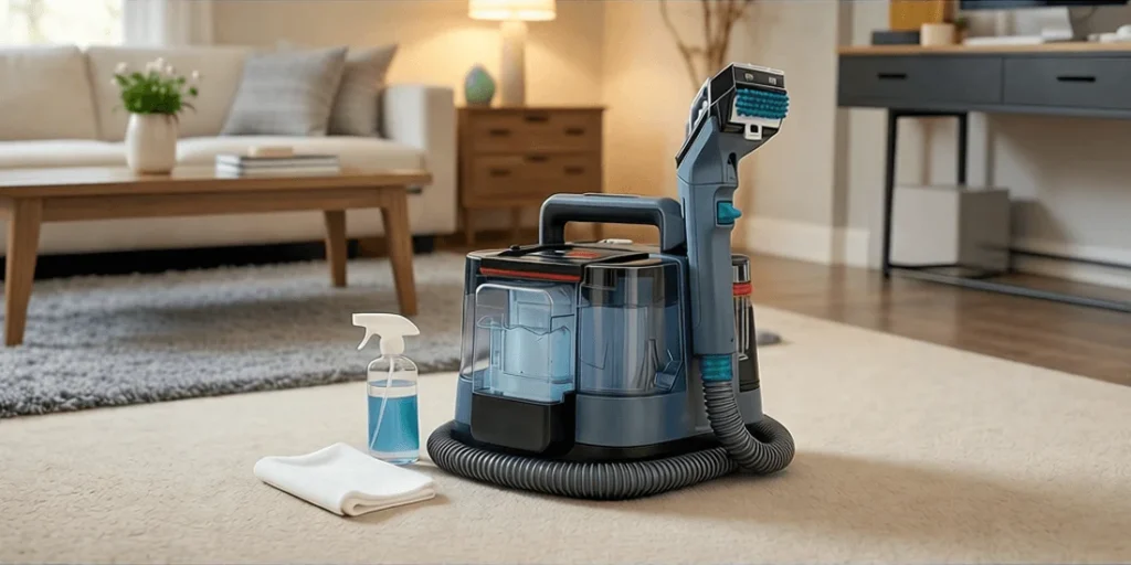 Shark StainStriker PX202BRN portable carpet and upholstery cleaner in Nordic Blue with attachments