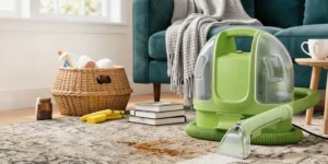 Composite image showing a dark stain on fabric on the left, and the same fabric clean and stain-free on the right.